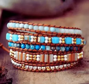Wraps Bracelet Cuir Amazonite, Cristal et Perles Métalliques
