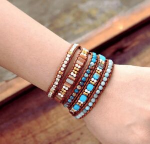 Wraps Bracelet Cuir Amazonite, Cristal et Perles Métalliques