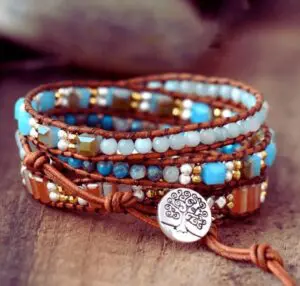 Wraps Bracelet Cuir Amazonite, Cristal et Perles Métalliques