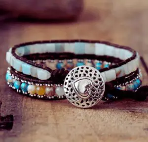Wraps Bracelets Cuir Amazonite Jaspe Impériale Agate et perles Métalliques