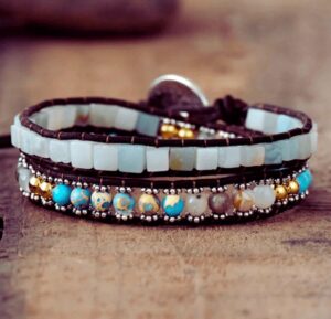 Wraps Bracelets Cuir Amazonite Jaspe Impériale Agate et perles Métalliques