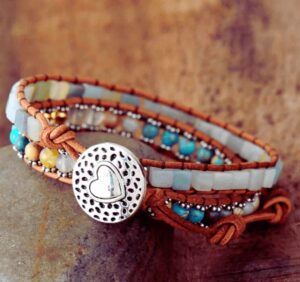 Wraps Bracelets Cuir Amazonite Jaspe Impériale Agate et perles Métalliques