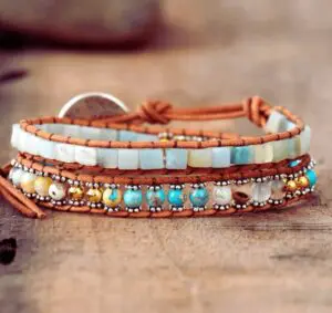 Wraps Bracelets Cuir Amazonite Jaspe Impériale Agate et perles Métalliques