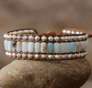 Wrap Bracelet Amazonite Perles métalliques Cordon Vegan