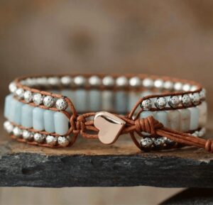 Wrap Bracelet Amazonite Perles métalliques Cordon Vegan