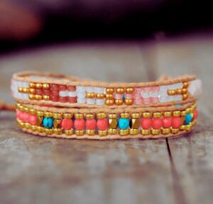 Wraps Bracelet Cuir Corail et Perles de Rocaille