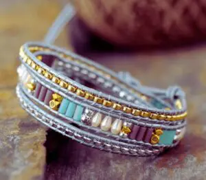 Wraps Bracelet Cuir Gris Métallisé Cristal et Perles Métalliques