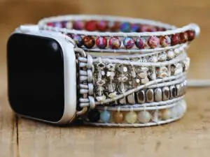 5 Wraps Bracelet Apple Watch Jaspe, Amazonite, Cristal & Cuir Gris
