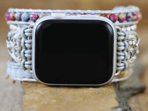 5 Wraps Bracelet Apple Watch Jaspe, Amazonite, Cristal & Cuir Gris