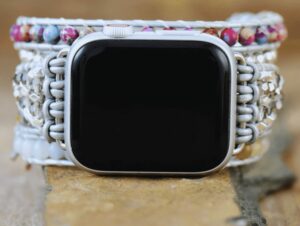 Bracelet Apple Watch Jaspe, Amazonite, Cristal & Cuir Gris