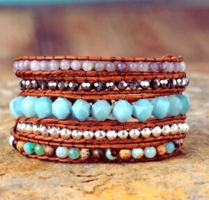 Wraps Bracelet Cuir Jaspe, Amazonite Cristal et Perles Métalliques