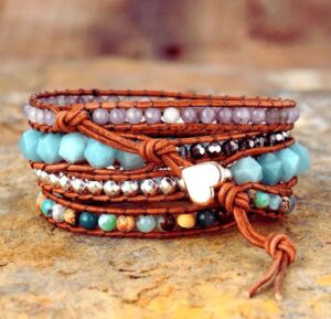 Wraps Bracelet Cuir Jaspe, Amazonite Cristal et Perles Métalliques