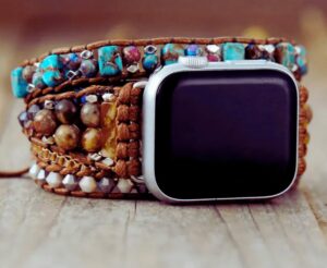 5 Wraps Bracelet Apple Watch Jaspe Bleu Mix, Cristal, Onyx & Cordon vegan