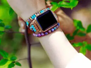 3 Wraps Bracelet Apple Watch Jaspe, Turquoise, Cristal & Cordon vegan