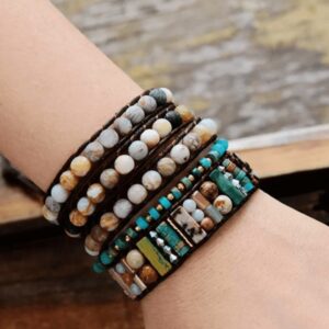 Wrap Bracelet Cuir Onyx et Mix de Pierre Semi-Précieuses