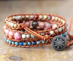 Wraps Bracelet Cuir Rhodonite à Facettes Rose et jaspe