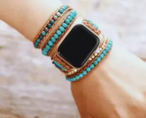 5 Wraps Bracelet Apple Watch Turquoise, jaspe, cristal & Cuir