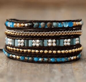 Wraps Bracelet Cuir Jaspe, Onyx, Cristal et Perles Métalliques