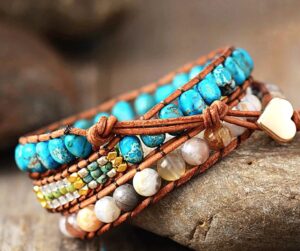 Wraps Bracelet en Cuir Turquoise et Jaspe