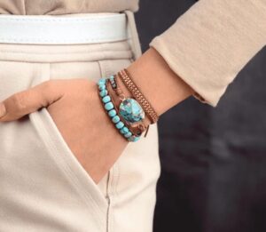 Wraps Bracelets Cuir Jaspe et Perles Métalliques