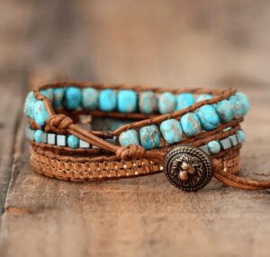 Wraps Bracelets Cuir Jaspe et Perles Métalliques