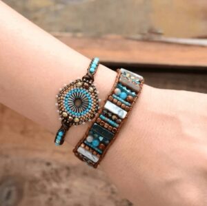 Wrap Bracelet Cuir Jaspe Agate et Perles Fantaisies