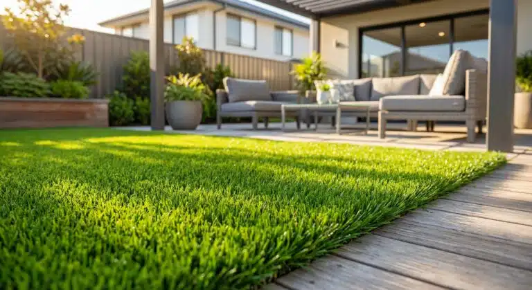 Jardin avec gazon synthétique, terrasse en bois, mobilier extérieur et plantes devant une maison moderne.