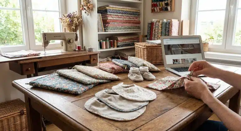 Créatrice textile cousant à une table en bois, tissus, bavoirs, chaussures bébé et ordinateur, atelier maison.