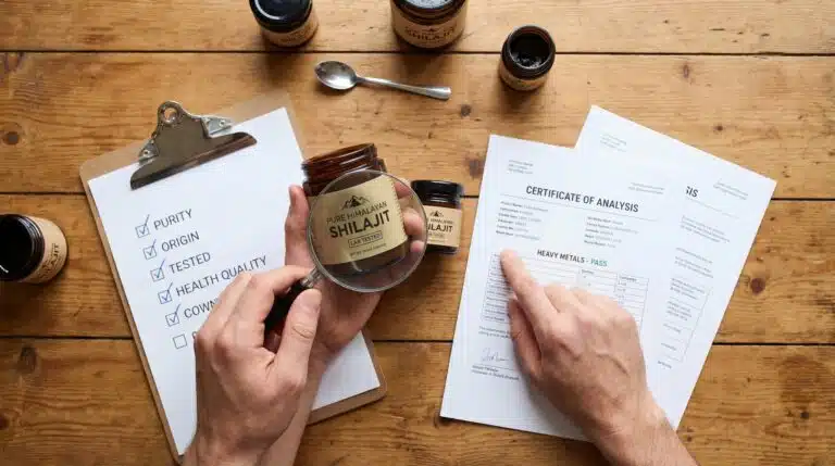 Mains tenant un pot de Shilajit, checklist et certificat sur table en bois, produit naturel de qualité.