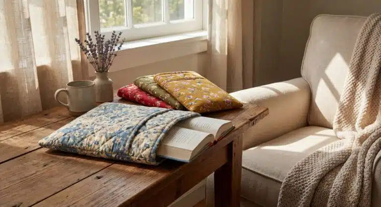 Livre avec housse de protection, trois pochettes fleuries, mug et lavande sur table en bois.