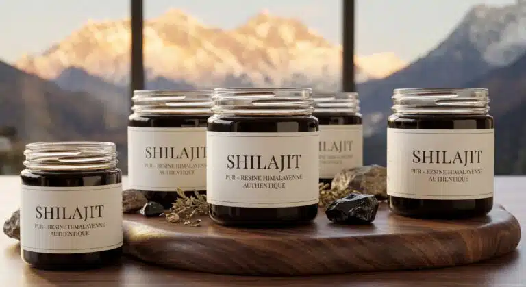 Pots en verre de Shilajit sur planche en bois, vue montagnes, parfaits pour vente en ligne.