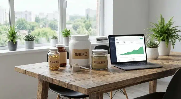 Ordinateur portable affichant un graphique, compléments alimentaires et plantes sur table en bois près d'une fenêtre.