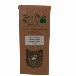 Sachet kraft marqué Mélange aromatique, 50g d'herbes séchées bio, emballage écologique naturel.