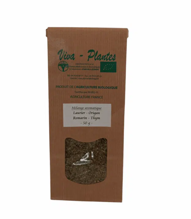 Mélanges aromatiques BIO 1 Sachet kraft marqué Mélange aromatique, 50g d'herbes séchées bio, emballage écologique naturel.