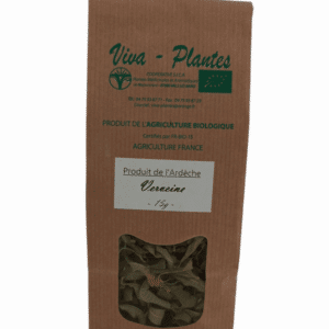 Paquet en papier brun Verveine, fenêtre montrant feuilles séchées, emballage tisane plante naturelle.