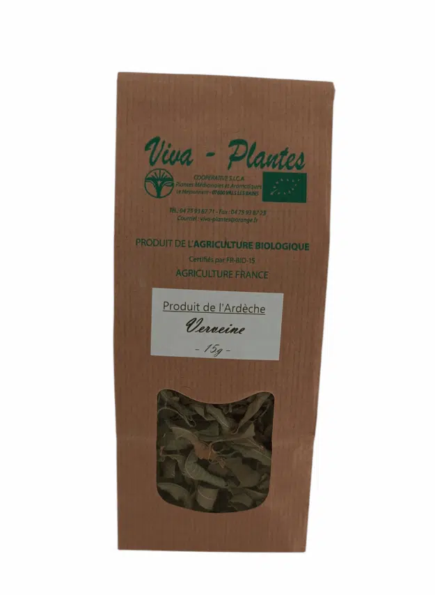 Infusion Verveine BIO - 15g 1 Paquet en papier brun Verveine, fenêtre montrant feuilles séchées, emballage tisane plante naturelle.