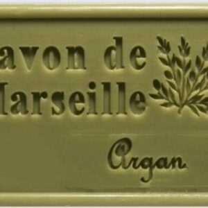 Savon de Marseille Argan rectangulaire, motif feuille gravé, emballage naturel, savon artisanal français