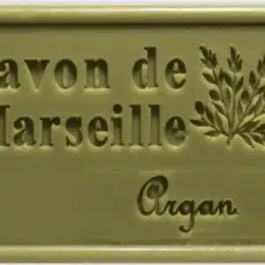 Savon de Marseille Argan rectangulaire, motif feuille gravé, emballage naturel, savon artisanal français