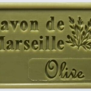 Savon de Marseille vert à l'olive, motif branche d'olivier, savon naturel artisanal français.
