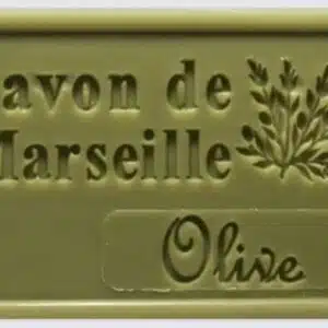 Savon de Marseille vert à l'olive, motif branche d'olivier, savon naturel artisanal français.