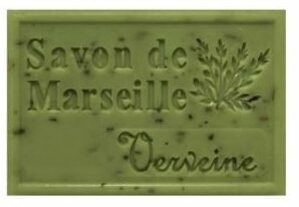 Savon de Marseille vert Verveine, illustration d'herbe à droite, savon naturel français artisanal.
