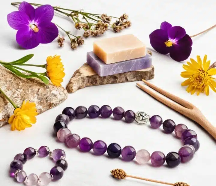 Collier et bracelet perlés violets et roses avec fleurs, savons et ustensiles en bois sur fond blanc.