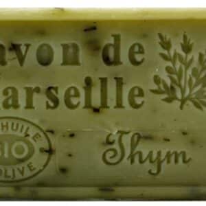 Savon de Marseille rectangulaire vert au thym, huile d'olive, bio, emballage écologique artisanal.