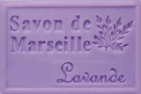 Savon de Marseille lavande rectangulaire violet, motif brin de lavande, savon artisanal français naturel.