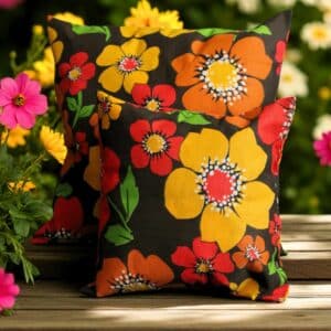 Coussins carrés motifs floraux jaune, orange et rouge posés sur surface en bois à l'extérieur.
