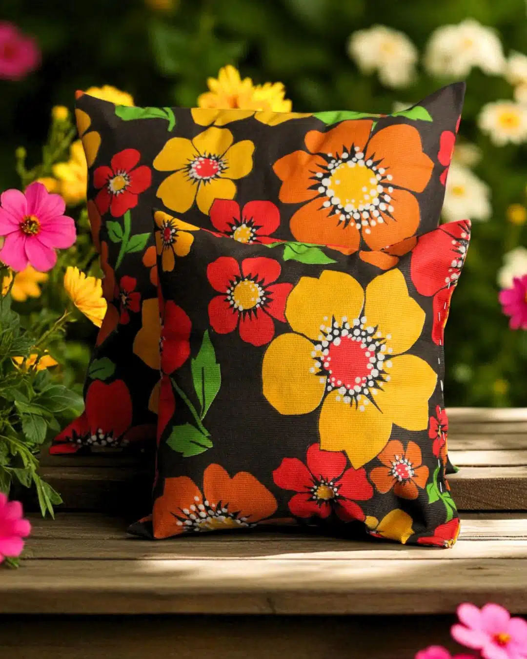 Coussin floral multicolore extérieur 1 Coussins carrés motifs floraux jaune, orange et rouge posés sur surface en bois à l'extérieur.
