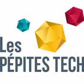 Trois formes géométriques au-dessus du logo « Les Pépites Tech », mise en valeur des artisans et vente en ligne.