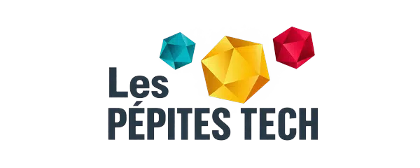 Logo « Les Pépites Tech » avec des formes géométriques bleues, jaunes et rouges sur le texte, design de start-up française.