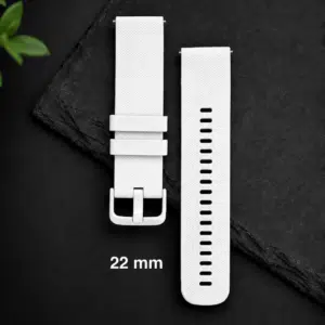 Deux bracelets de montre blancs, dont un à boucle, posés sur un fond noir, avec l'inscription « 22 mm » visible en dessous.