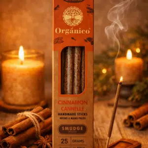 Des bâtonnets d'encens à la cannelle dans une boîte, un bâton allumé posé sur un support, des bougies et des épices à l'arrière.